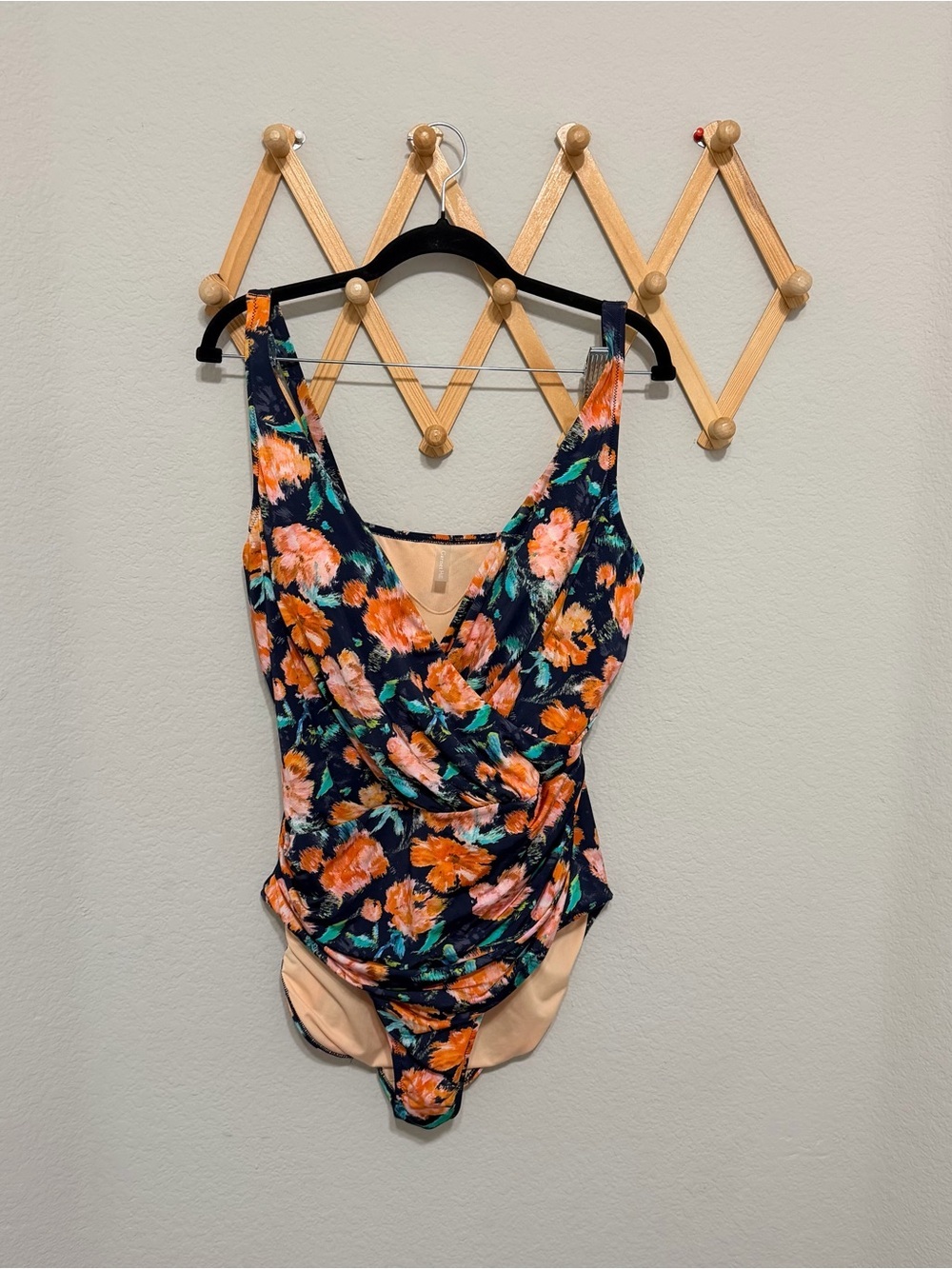 Garnet Hill Blue Floral Ruched Deep V Neck Swimsuit Size 14
